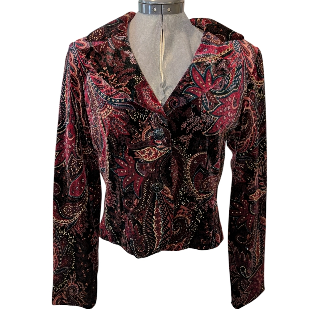 Vintage Xscape Velvet Paisley Glitter‎ Jeweled Tone Women's Blazer Size 10 Boho